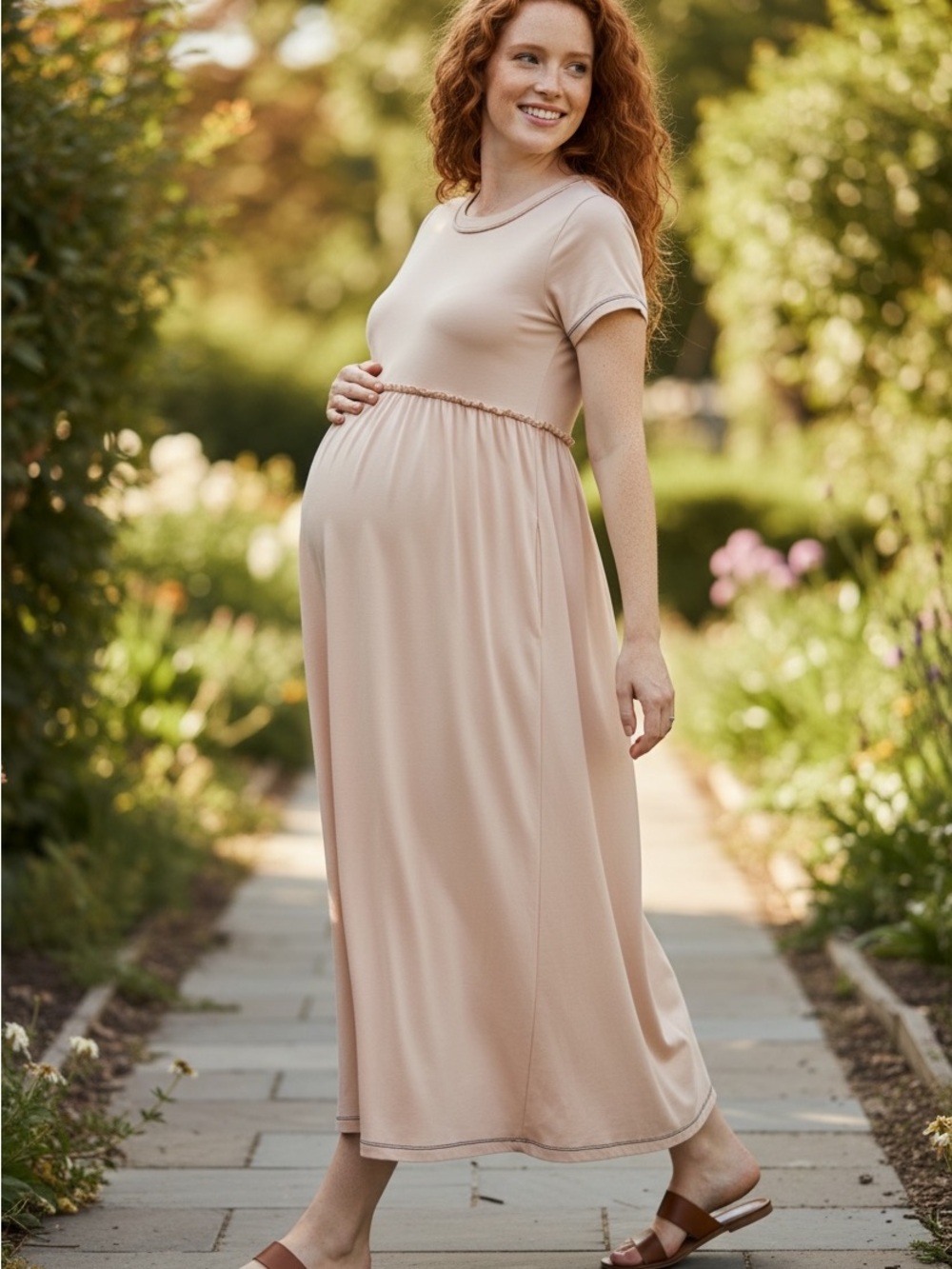 Zia Maternity Women’s Cream Short-Sleeve Maxi Dress Small Stretch